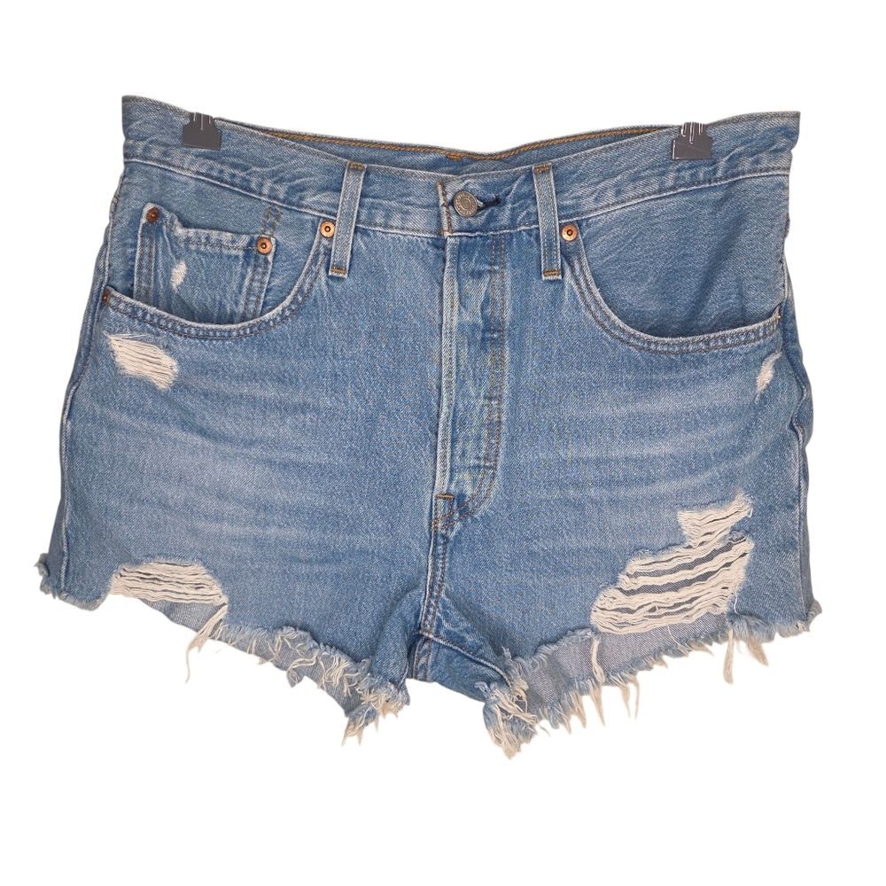 Levi's 501 Button Front Raw Hem Ripped Denim Jean Shorts Upcycled Size 30
